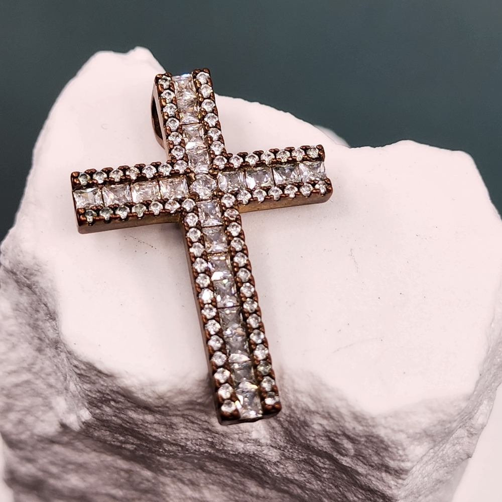 Bronze Tone Rhinestone Cross Pendant Princess Cut Crystal Christian Faith Gift